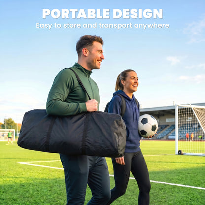 Portable Football Rebounder Net | 140x90cm | Tetoron Net | Steel & Fibreglass Frame | Carry Bag | Ground Stakes | Black