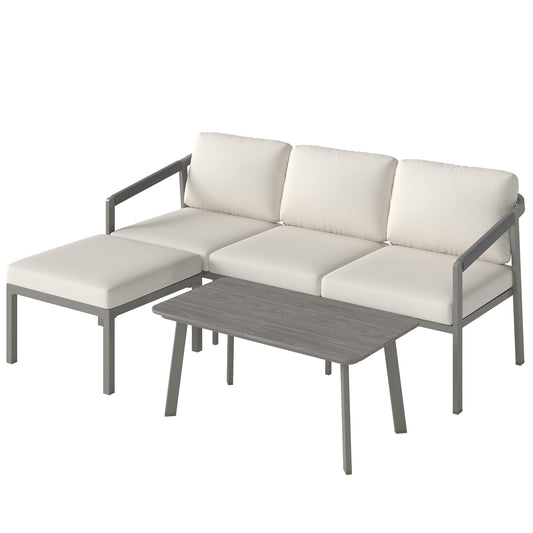 3-Piece Garden Sofa Set | 3-Seater Sofa, Footstool & Coffee Table | 10cm Cushions | 360kg | Grey