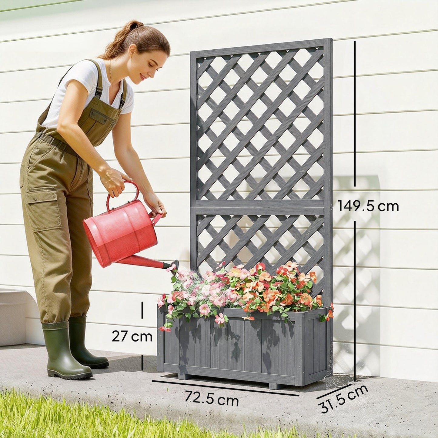 Wooden Planter Box with Trellis | Solid Fir Wood | Rot-Resistant | Drainage Holes | 25kg Capacity | 72.5x31.5x149.5cm | For Herbs Flowers & Climbing Plants | Grey