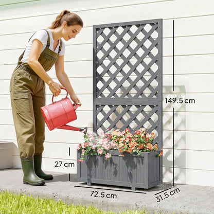 Wooden Planter Box with Trellis | Solid Fir Wood | Rot-Resistant | Drainage Holes | 25kg Capacity | 72.5x31.5x149.5cm | For Herbs Flowers & Climbing Plants | Grey