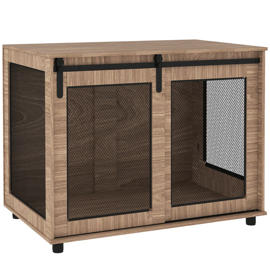 Dog Crate Furniture Side Table | Barn Door & Side Door | 3-Sided Ventilation | Large Dogs up to 30kg | 98 x 60 x 78cm | Walnut Brown