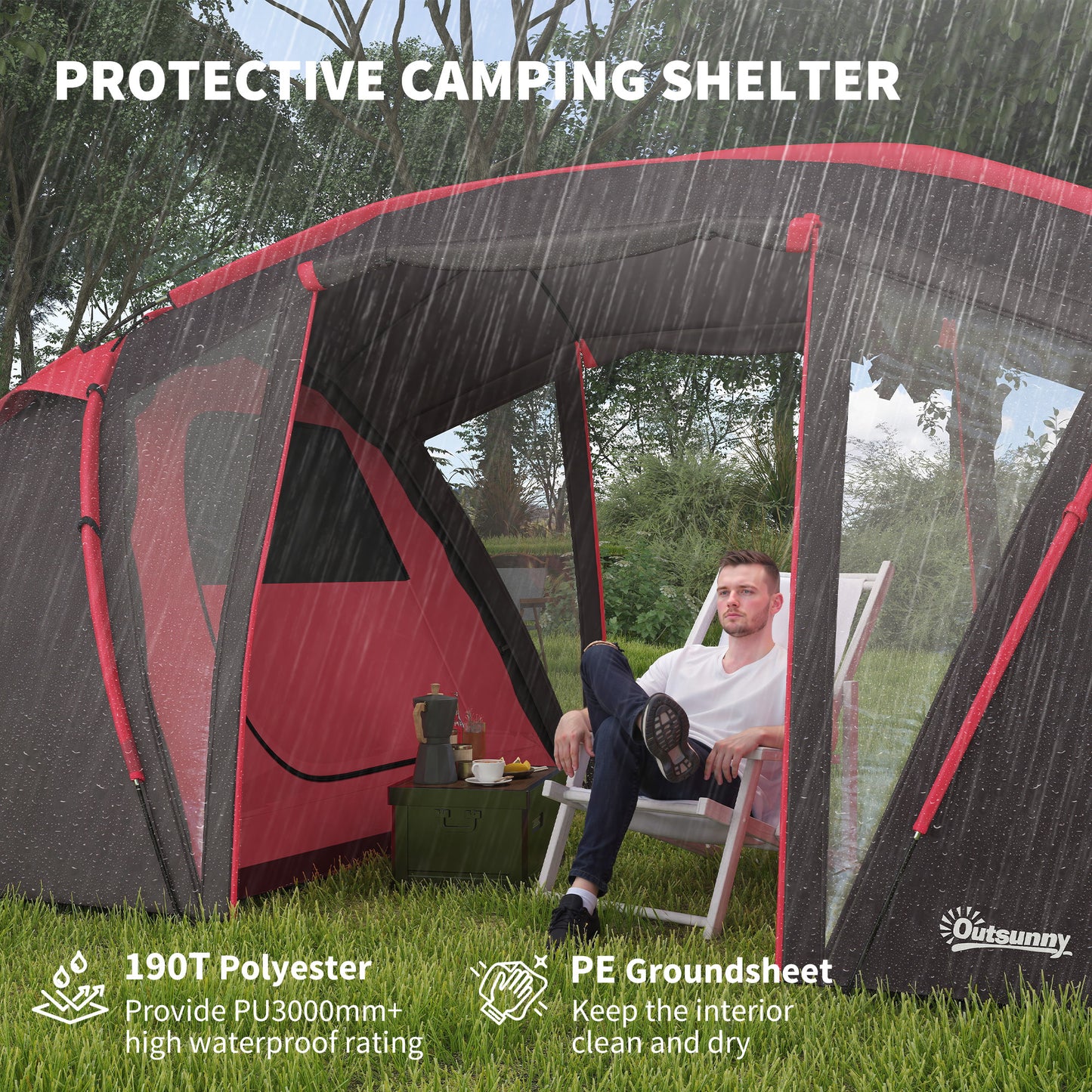 4-6 Man Family Camping Tent w/ 2 Bedrooms and a Living Room, Waterproof Tunnel Tent w/ Sewn In Groundsheet, Doors, Windows, Bag