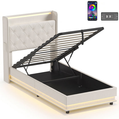 3ft Single Ottoman Bed Frame | Hydraulic Storage, RGB LED Headboard Lights & USB Charging | Black or Cream White