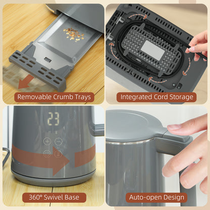 Digital Kettle and Toaster Set, 1.5L 3000W Fast Boil Kettle, 2 Slice Toaster Kitchen Set with 7 Level Browning Controls, Defrost, Reheat, Keep Warm,  and LED Touch Display