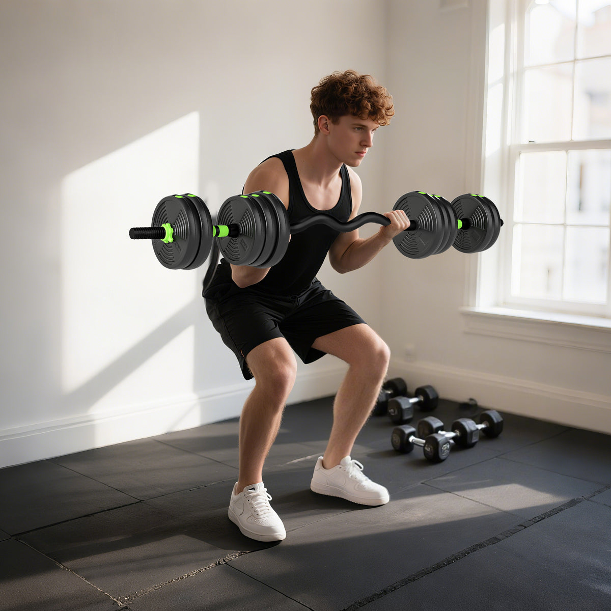 SPORTNOW 3-in-1 Adjustable Dumbbell Barbell & EZ Curl Bar Set | Black & Green | 15kg 20kg 25kg | Sand-Filled PVC Plates | Spinlock Collars | Non-Slip Handles | 2.5cm Hole | Home Gym