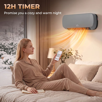 Grey Wall-Mounted Ceramic Heater | 1000W/2000W & Fan Mode | 10–49°C Thermostat | Weekly Timer, LED Display & Remote Control