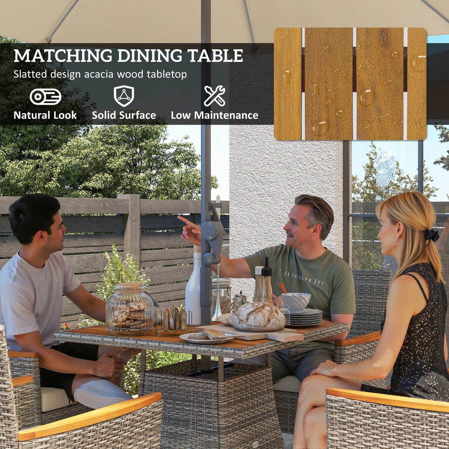 Outsunny Five-Piece Rattan Set, with Wood-Top Table - Teak / Grey