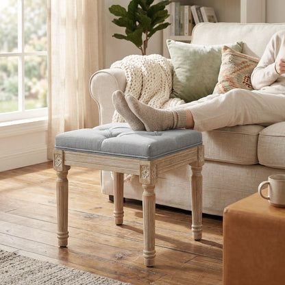 Vintage Retro Style Foot Stool, Tufted Square Footrest with Wood Legs, Light Grey