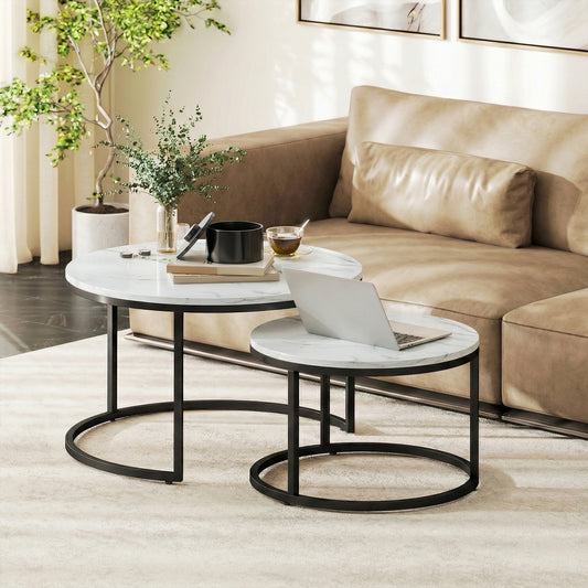 Set of 2 Round Nesting Coffee Tables | Marble-Effect MDF Top | Steel Frame | 50kg | Marble White