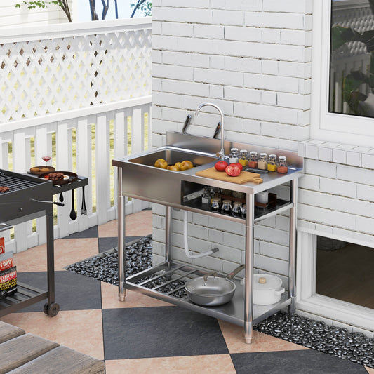 Outdoor Stainless Steel Kitchen Sink, Freestanding Single Bowl with Cold and Hot Water Pipe
