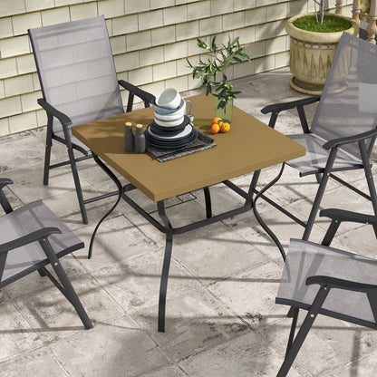 Outsunny Dia. 80cm Square Garden Dining Table with Umbrella Hole, Outdoor Dining Table with Marble Effect Top for 4 People, Black/Brown
