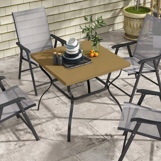 Outsunny Dia. 80cm Square Garden Dining Table with Umbrella Hole, Outdoor Dining Table with Marble Effect Top for 4 People, Black/Brown