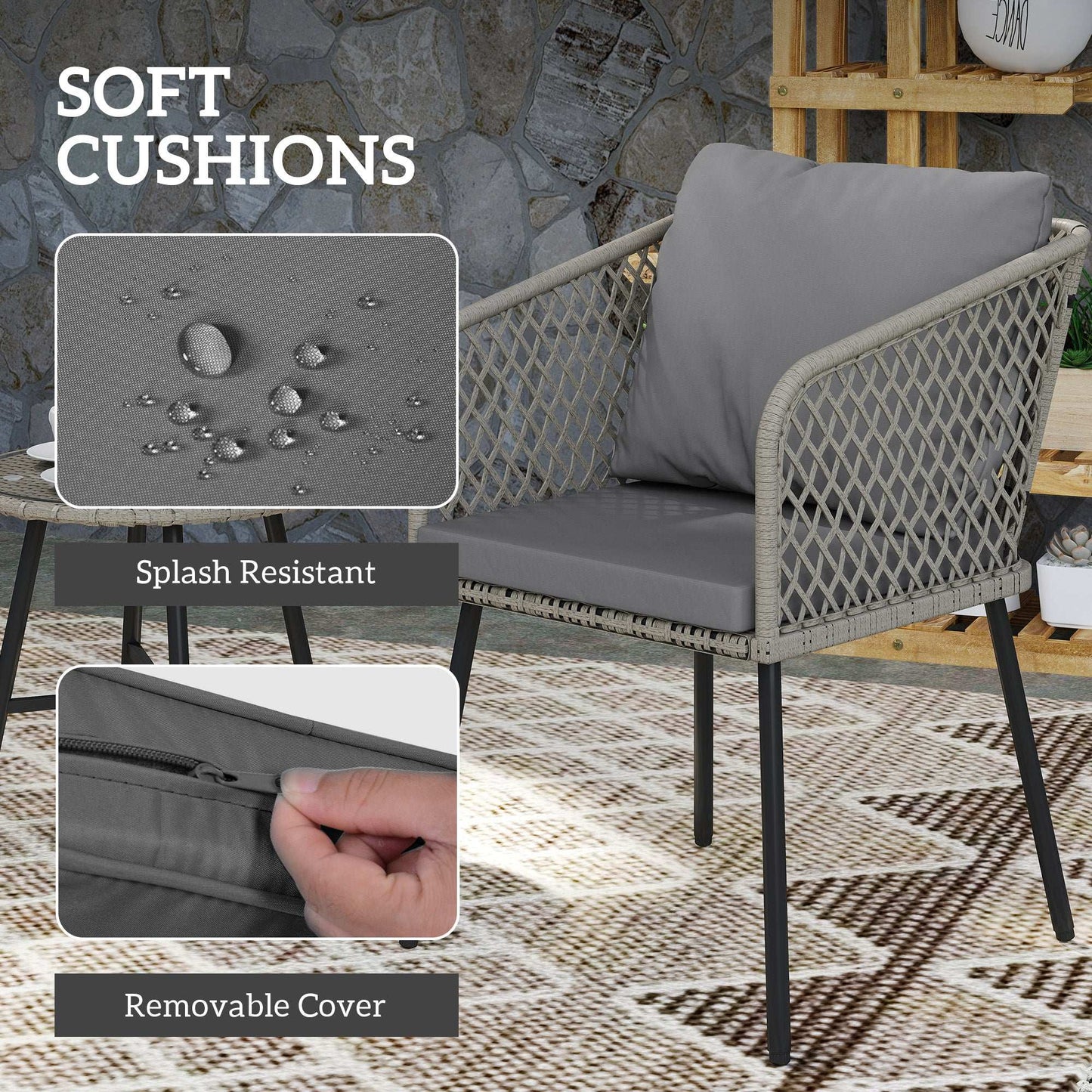 Outsunny 3 Piece Rattan Bistro Set with 2 Chairs, Tempered Glass Table, Cushions, Adjustable Foot Pads for Garden, Balcony, Grey