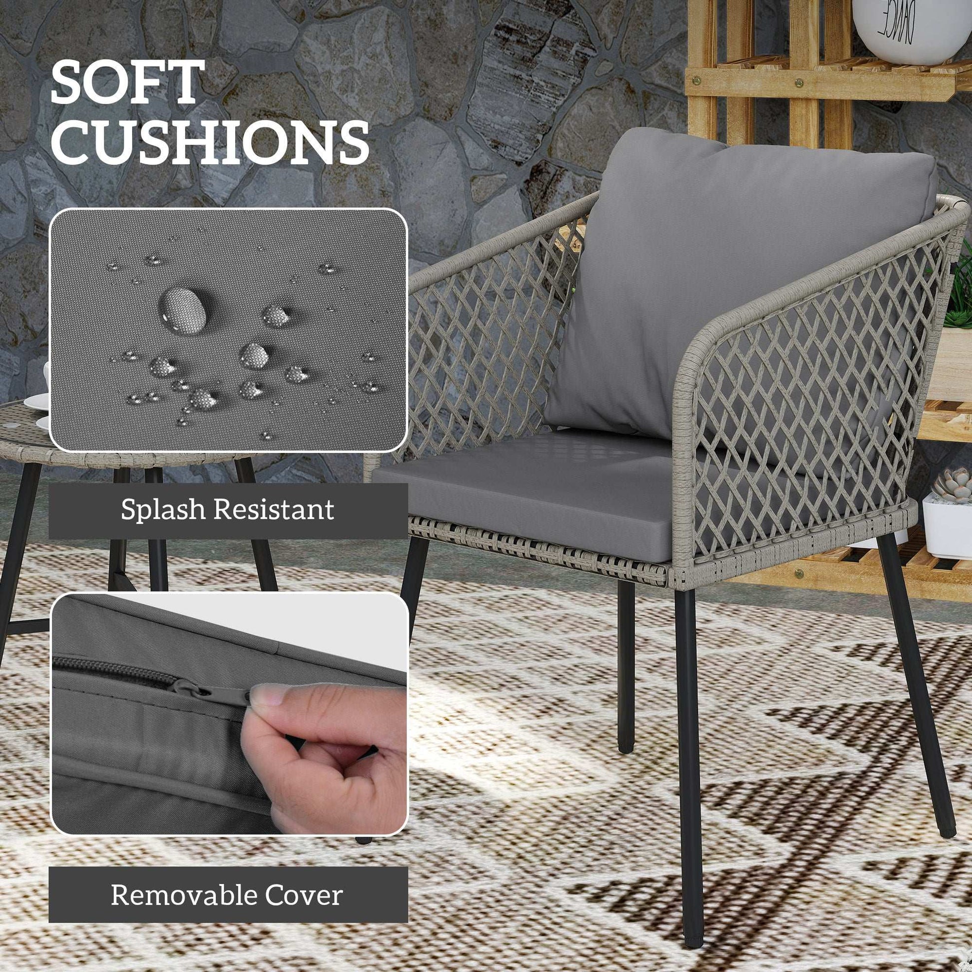 Outsunny 3 Piece Rattan Bistro Set with 2 Chairs, Tempered Glass Table, Cushions, Adjustable Foot Pads for Garden, Balcony, Grey