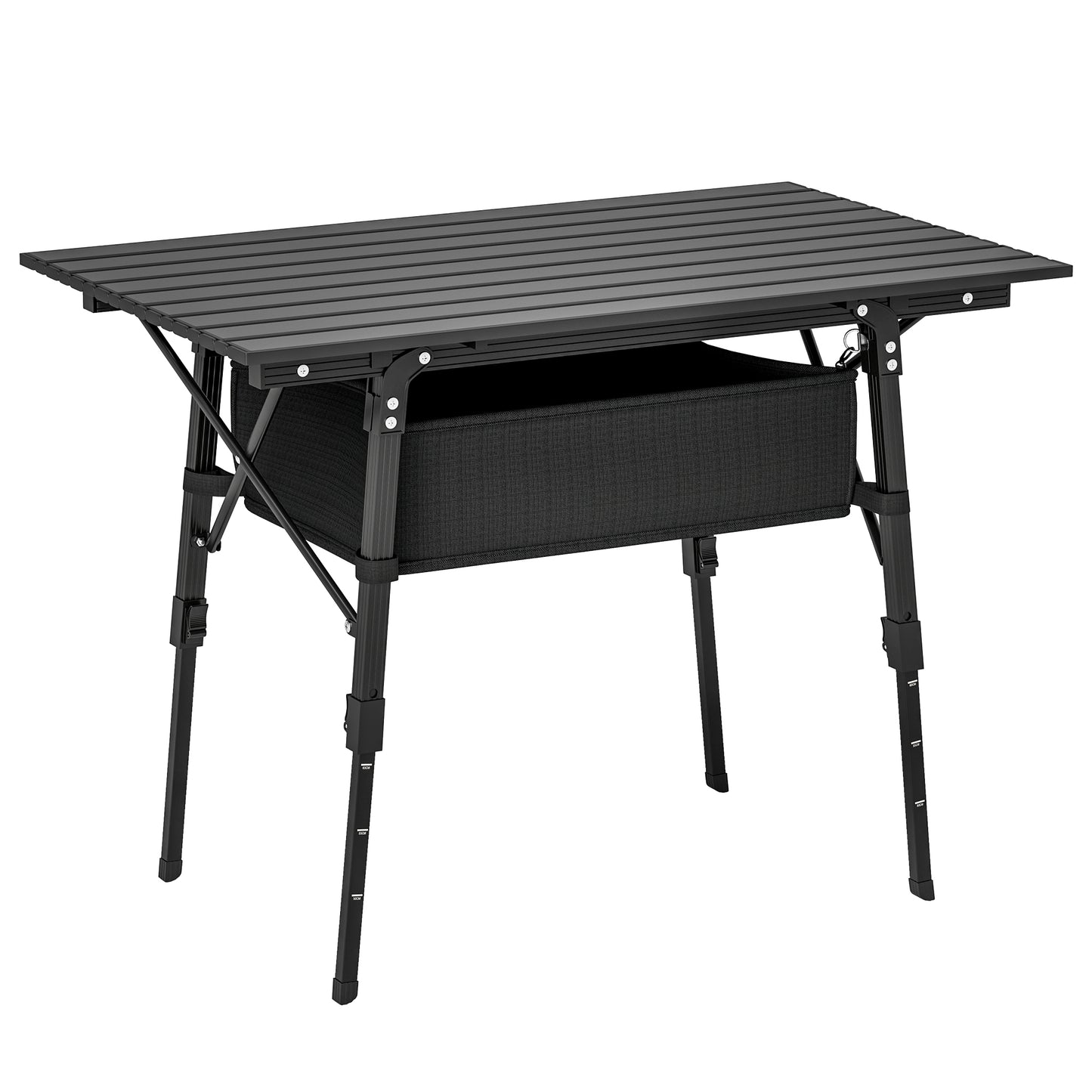 Folding Camping Table, 90 x 55 cm Height Adjustable Portable Collapsible Table, 3ft Lightweight Aluminium Rollup Picnic Table with Storage Basket