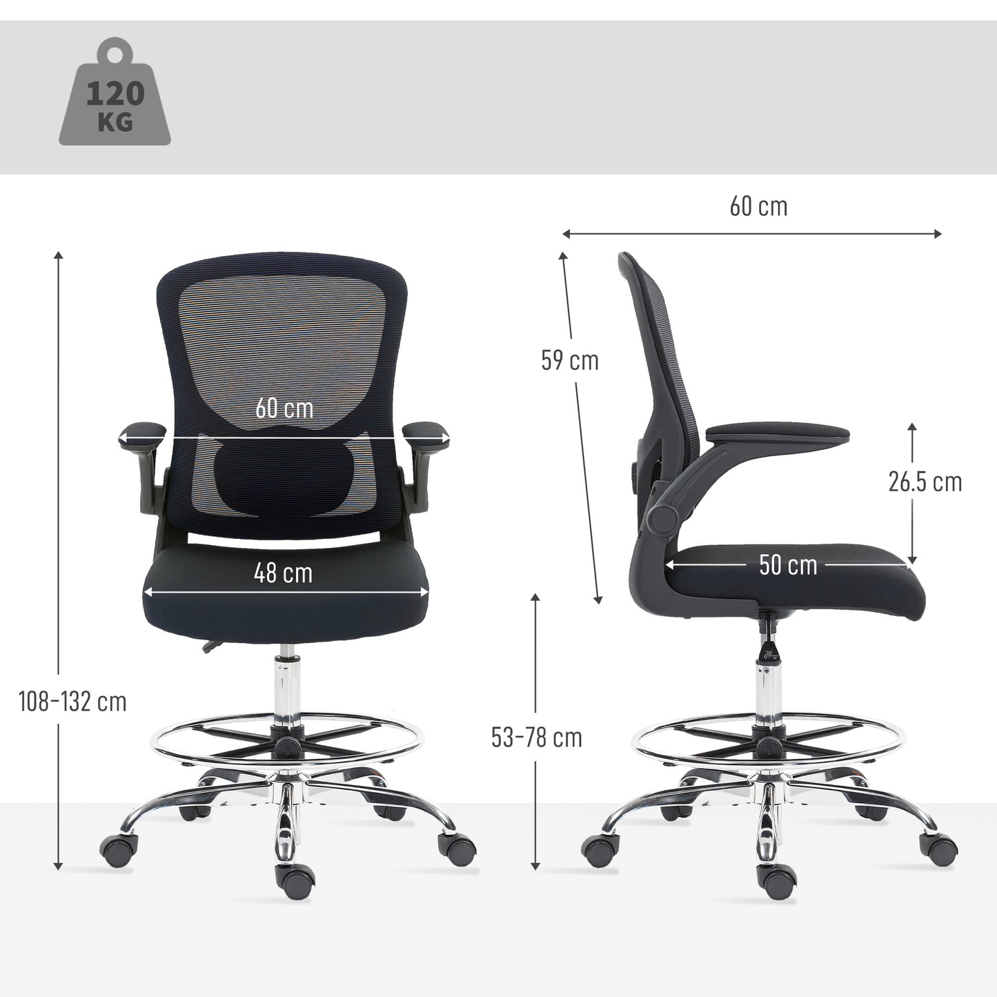 Draughtsman Chair, with Adjustable Lumbar - Black / Charcoal Grey