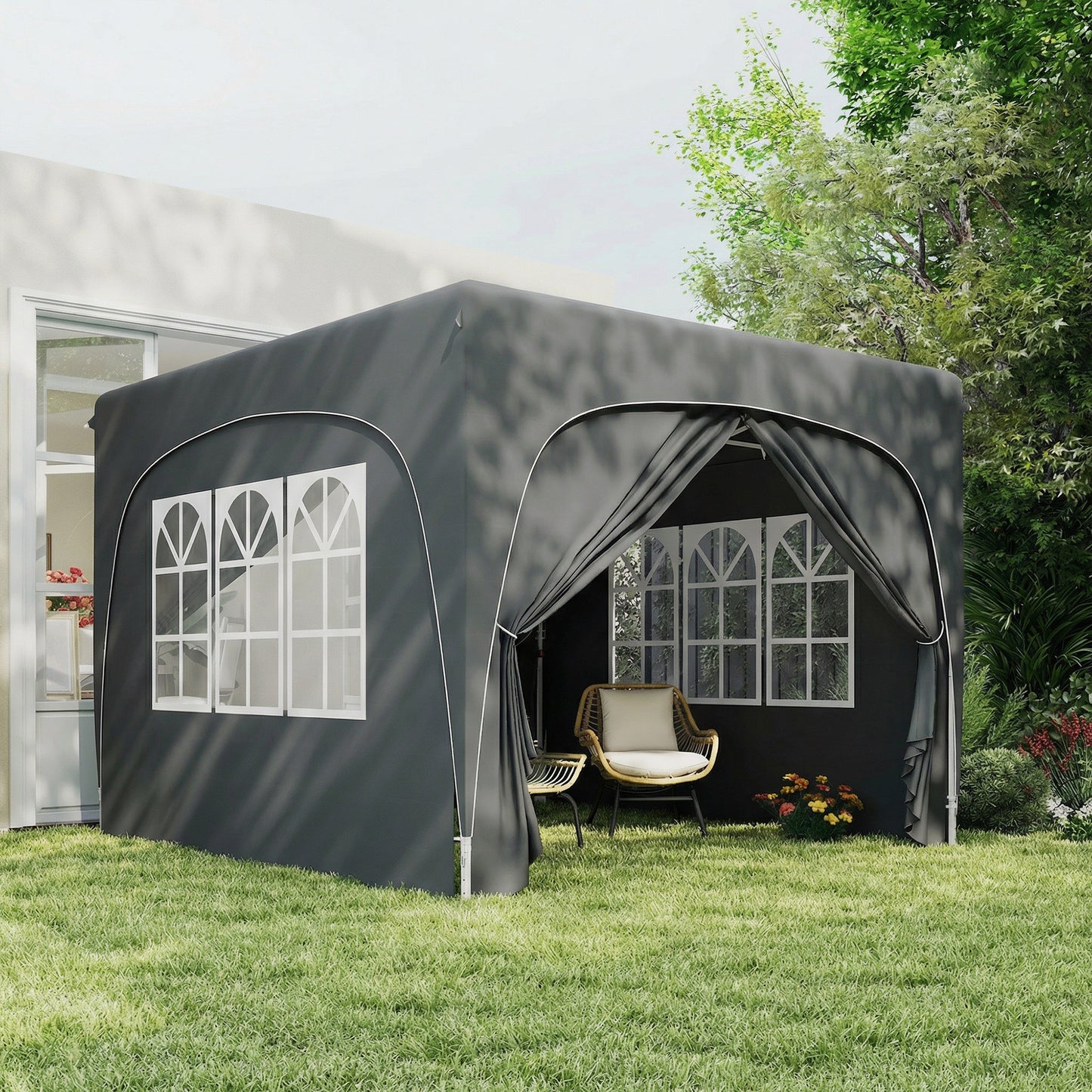 3x3m Pop Up Gazebo Shelter | UPF50+ Oxford Fabric Canopy | Dual Doors & 2 Windows | 8 Drain Holes | 3 Height Settings | Windproof Level 4-5 | Snow Rated | Guy Ropes & Ground Stakes | Carry Bag | Dark Grey