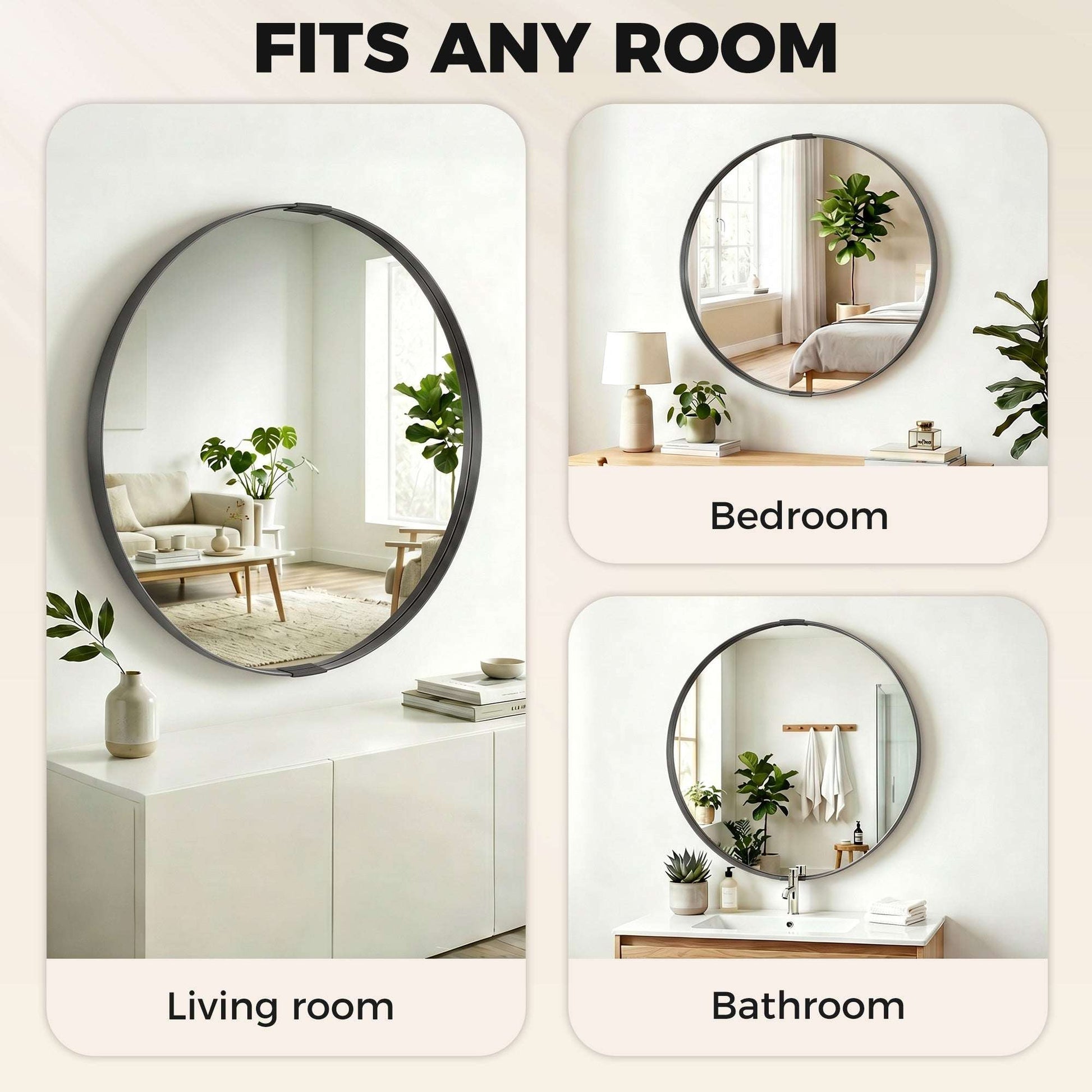 Round Wall Mirror | Shatterproof Tempered Glass | Anodised Aluminium Alloy Frame | 4cm Deep 3D Effect | 61cm Diameter | No Assembly | Black