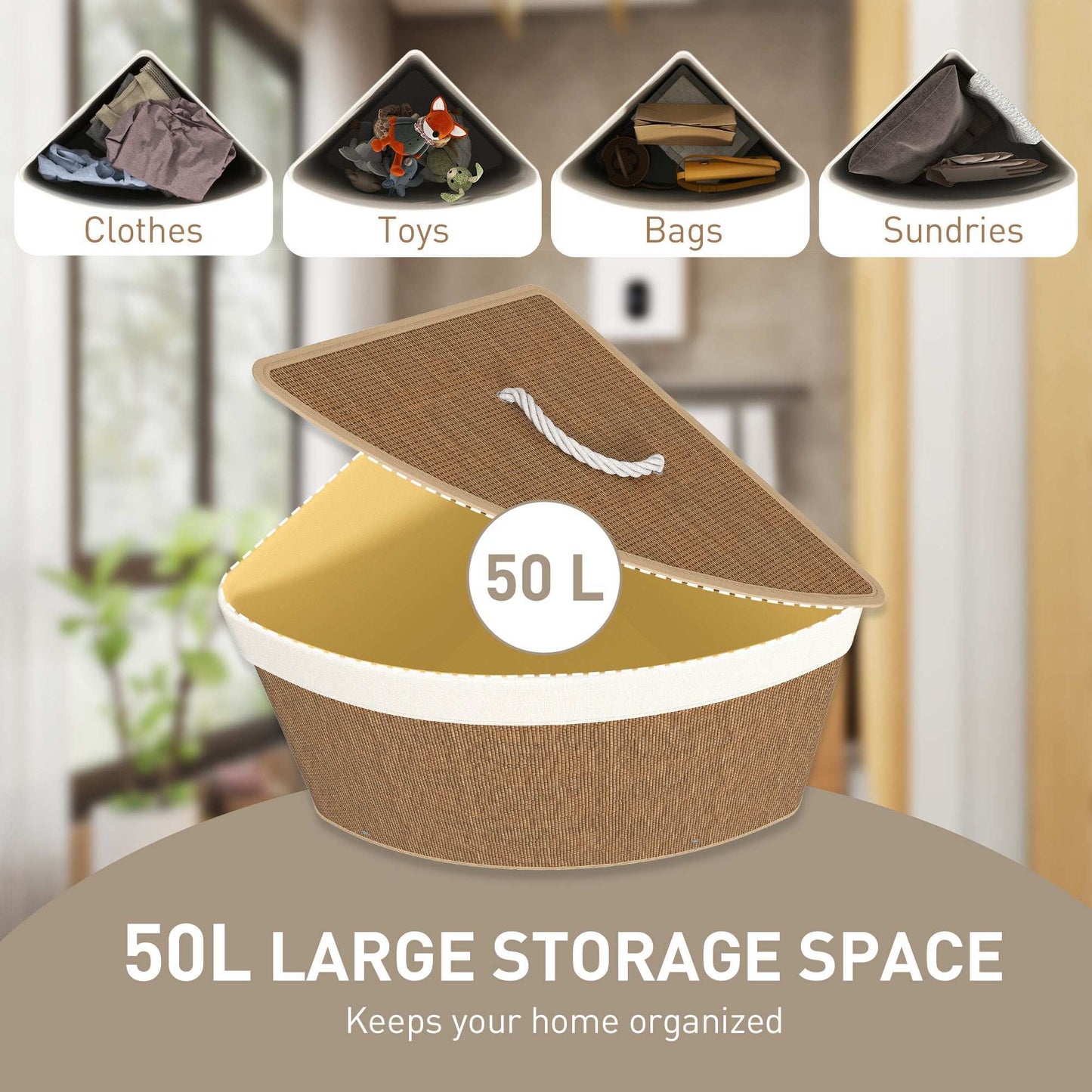 Bamboo Bathroom Triangle Laundry Basket with Lid, 55L Corner Hamper with Removable Washable Liner Bag, 35 x 35 x 60 cm, Brown