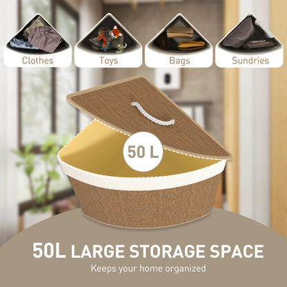 Bamboo Bathroom Triangle Laundry Basket with Lid, 55L Corner Hamper with Removable Washable Liner Bag, 35 x 35 x 60 cm, Brown