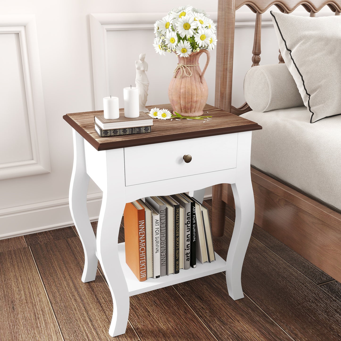 2 Pieces Bedside Tables with Drawer, French Style Bedside Cabinets with Open Shelf for Bedroom, Living Room, White