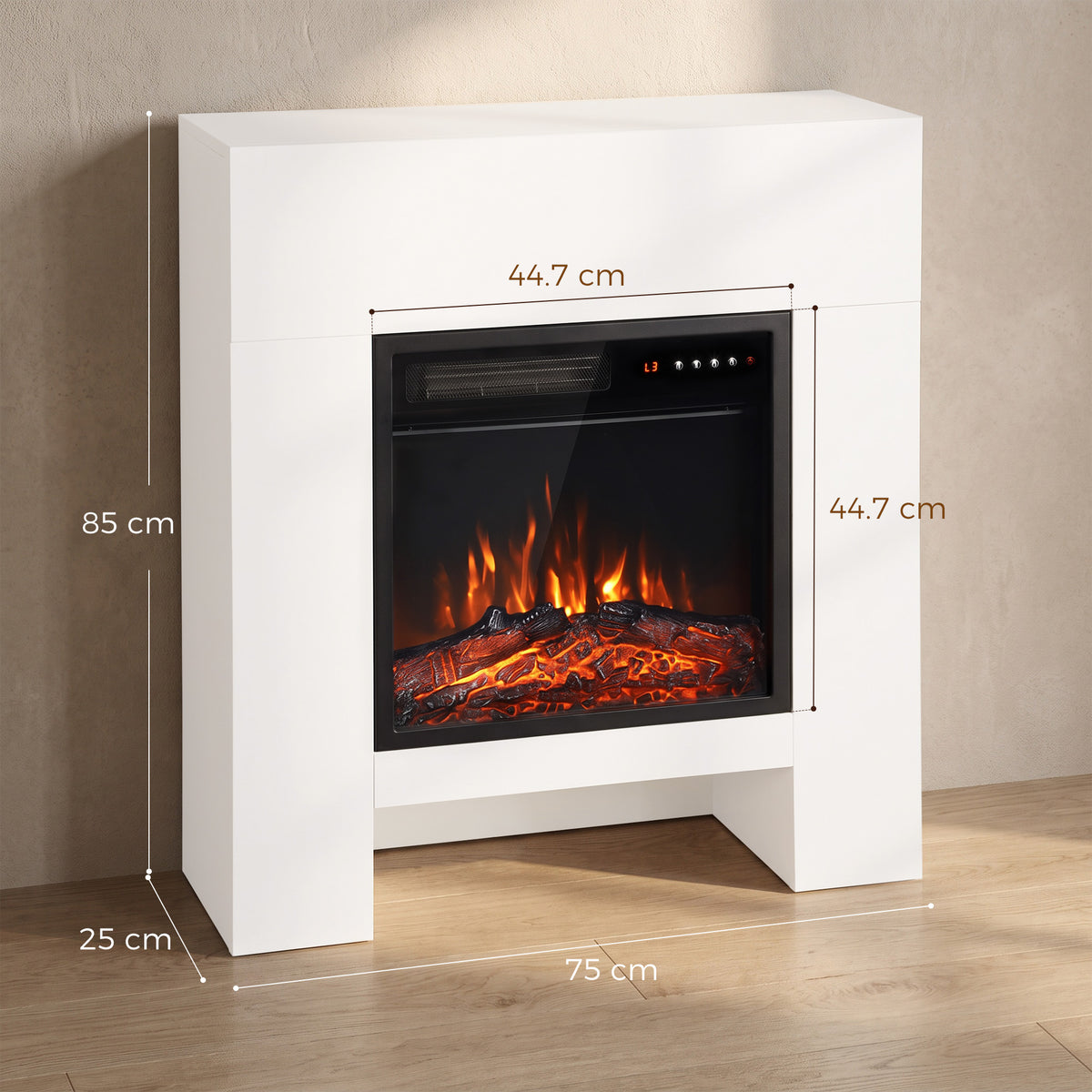 White Electric Fireplace Suite | 75cm Freestanding Mantel & Lower Storage | 900/1800W, Adjustable Log Flame Effect, 8-Hour Timer & Remote