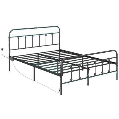 King Bed Frame with LED Lights and Charging Station, Metal Platform Bed Frame with Under Bed Storage, Black