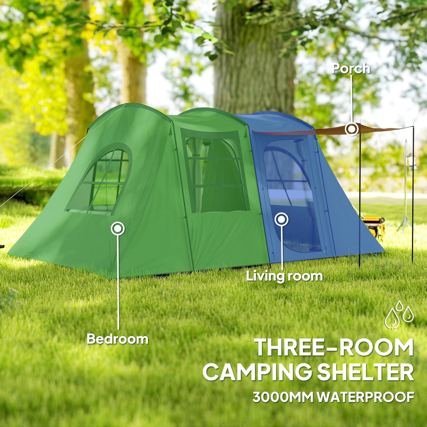 3-4 Man Tunnel Tent, Family Camping Tent with Porch, Bedroom and Living Area, Sewn in Groundsheet, 3000mm Waterproof, Portable with Bag, Green