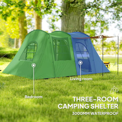 3-4 Man Tunnel Tent, Family Camping Tent with Porch, Bedroom and Living Area, Sewn in Groundsheet, 3000mm Waterproof, Portable with Bag, Green