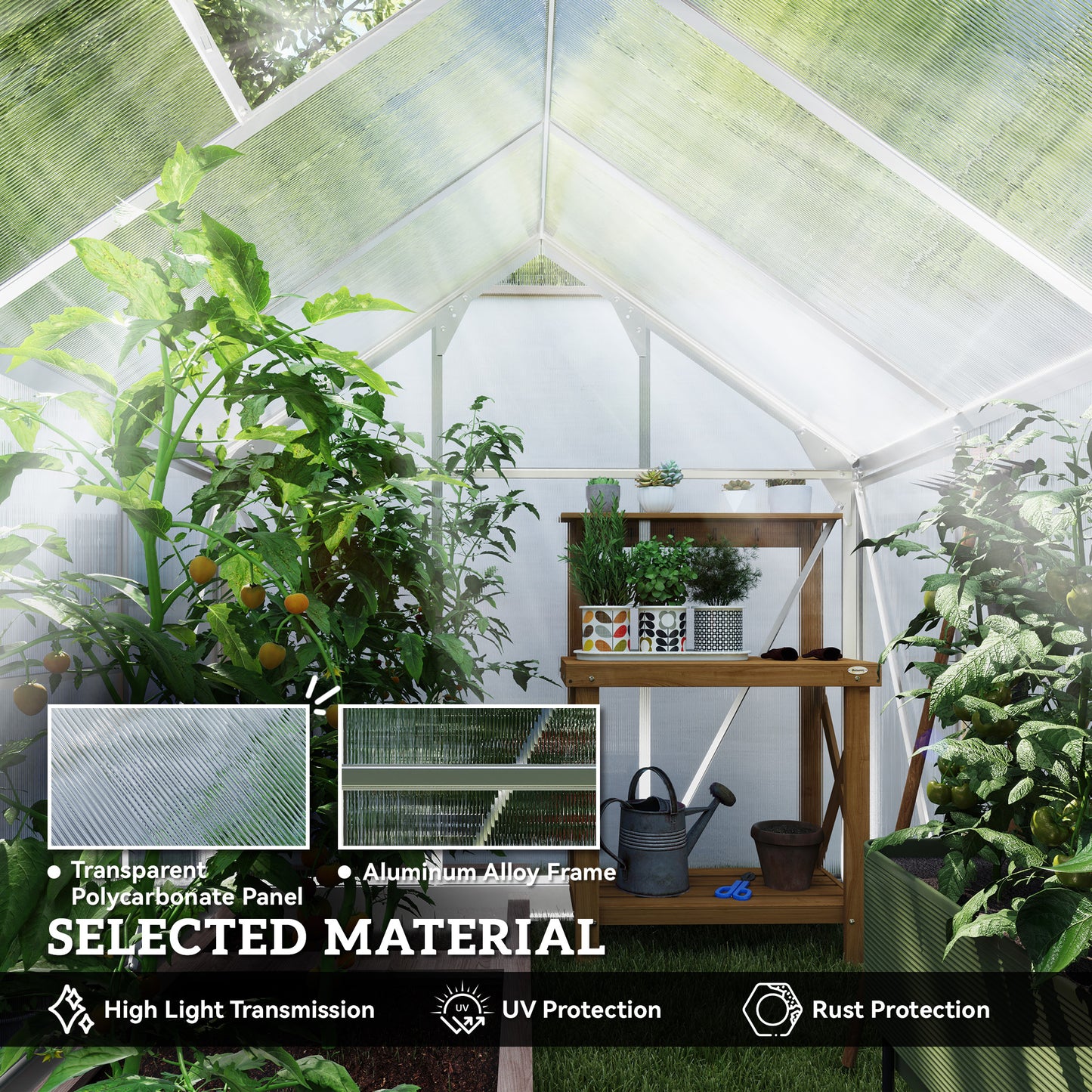 Walk-In Polycarbonate Greenhouse | 6x8ft | Aluminium Frame | Sliding Door | Roof Vent | 40kg/m² Snow Load | Silver