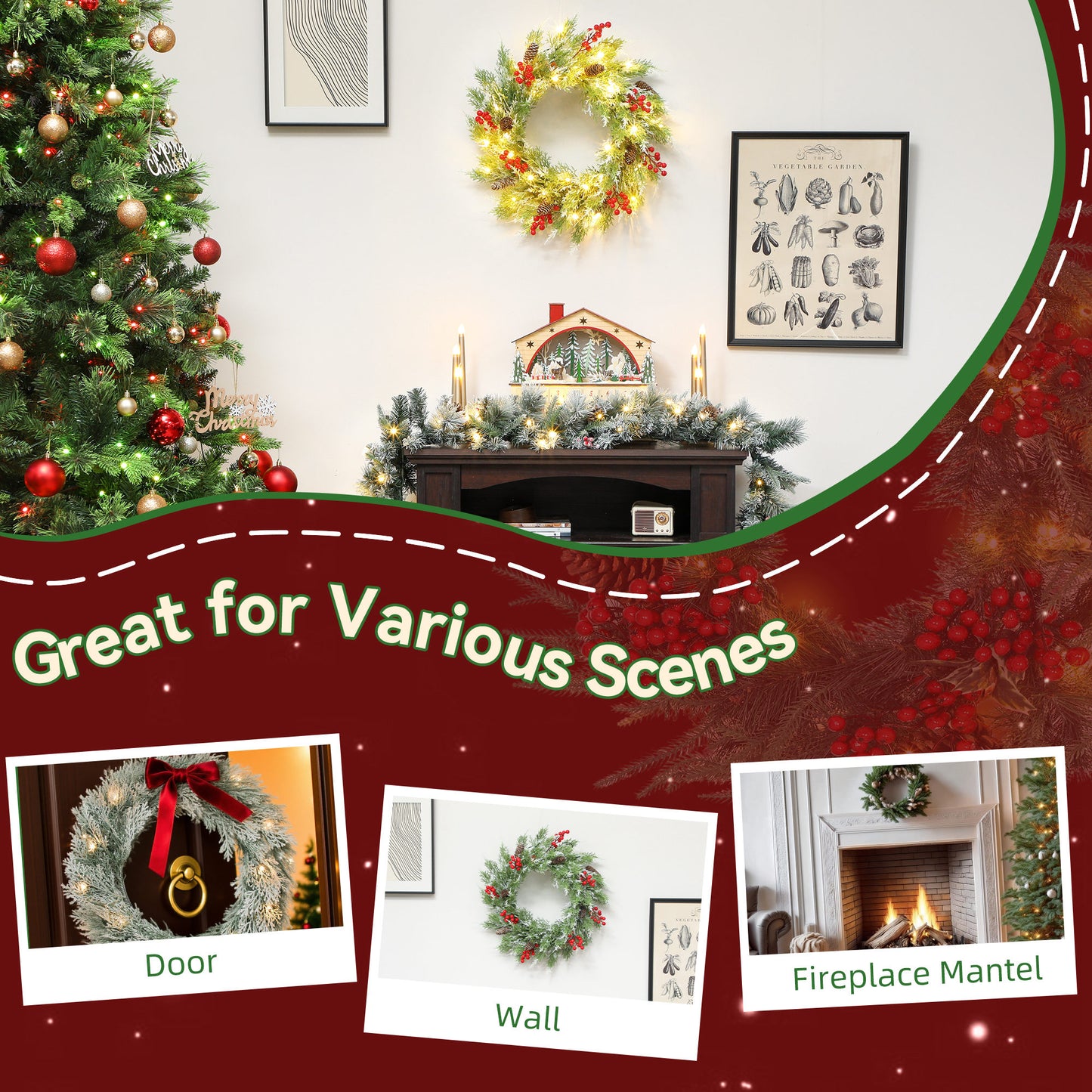 60 cm Prelit Christmas Wreath, Door Wreath with Realistic Branches, 30 Warm White LEDs, Timer, Battery Operated