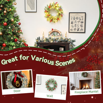60 cm Prelit Christmas Wreath, Door Wreath with Realistic Branches, 30 Warm White LEDs, Timer, Battery Operated