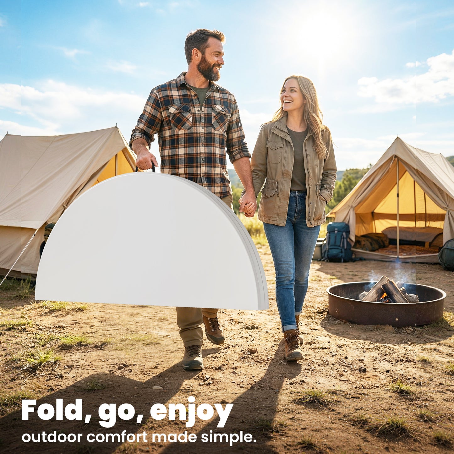 Folding Picnic Camping Table | 120x120cm | HDPE Top | Water Resistant | Powder Coated Frame | Anti-Slip Feet | 100kg | No Assembly | White