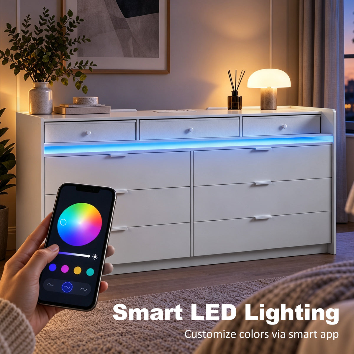 Chest of 9 Drawers with LED Strip & Charging Station | White MDF | 148.7x45x82cm | 2700-6500K Bluetooth | 2 UK Outlets USB-A USB-C | TV Stand up to 65in | Anti-Tip | 85kg