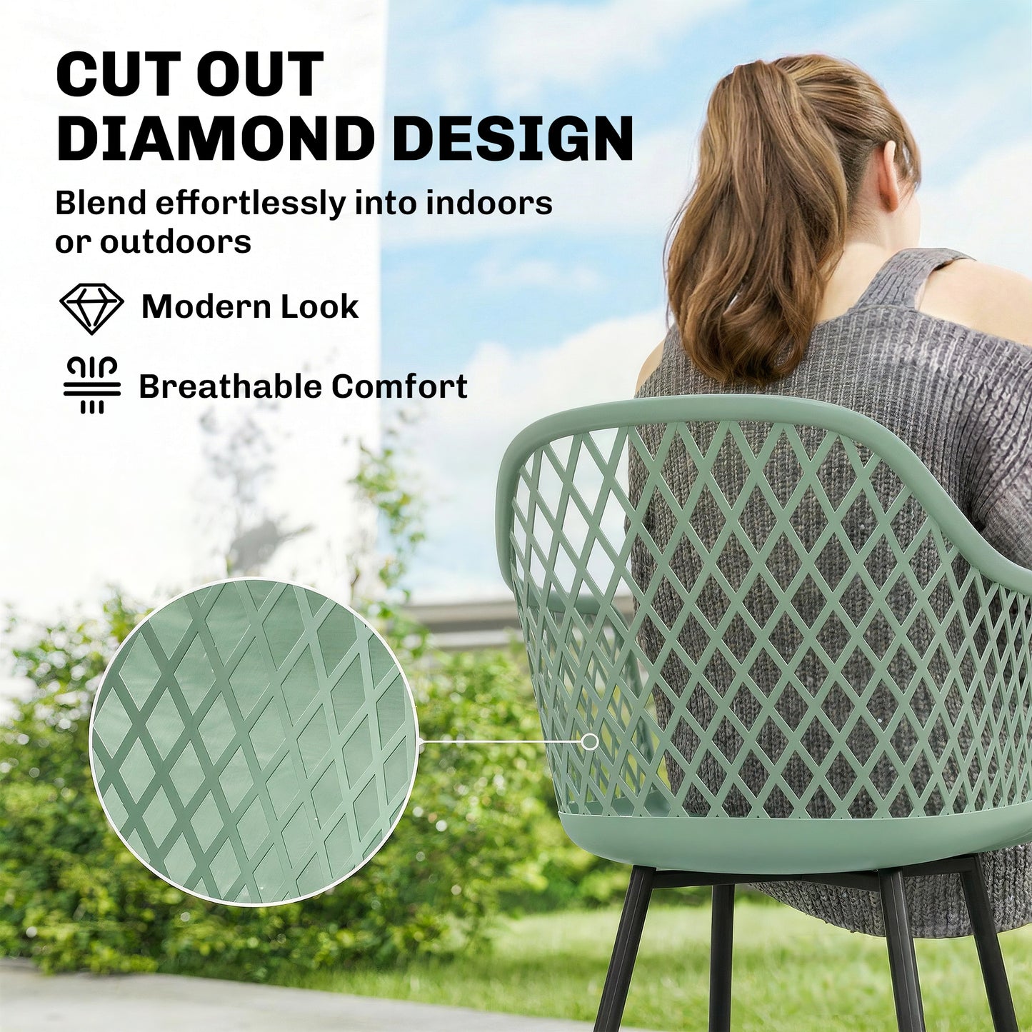 Set of 4 Outdoor Dining Chairs | Diamond Cut-Out Back | Wraparound Armrests | UV-Resistant PP Seat | Powder-Coated Metal Legs | 120kg Capacity | Indoor & Outdoor | 56 x 51 x 84cm | Green