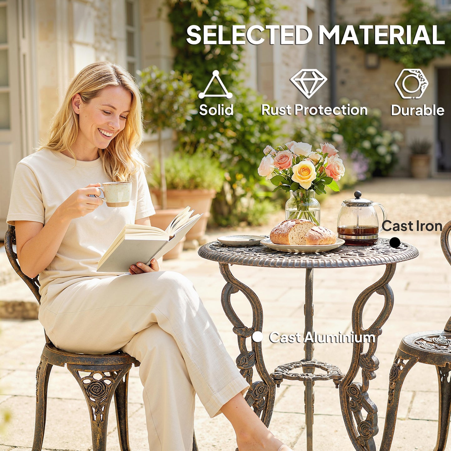 3 Piece Cast Aluminium Garden Bistro Set | Vintage Rose Design | Round Table Dia 60cm | 45mm Umbrella Hole | 2 Chairs | Rust Resistant | 120kg | Bronze Tone
