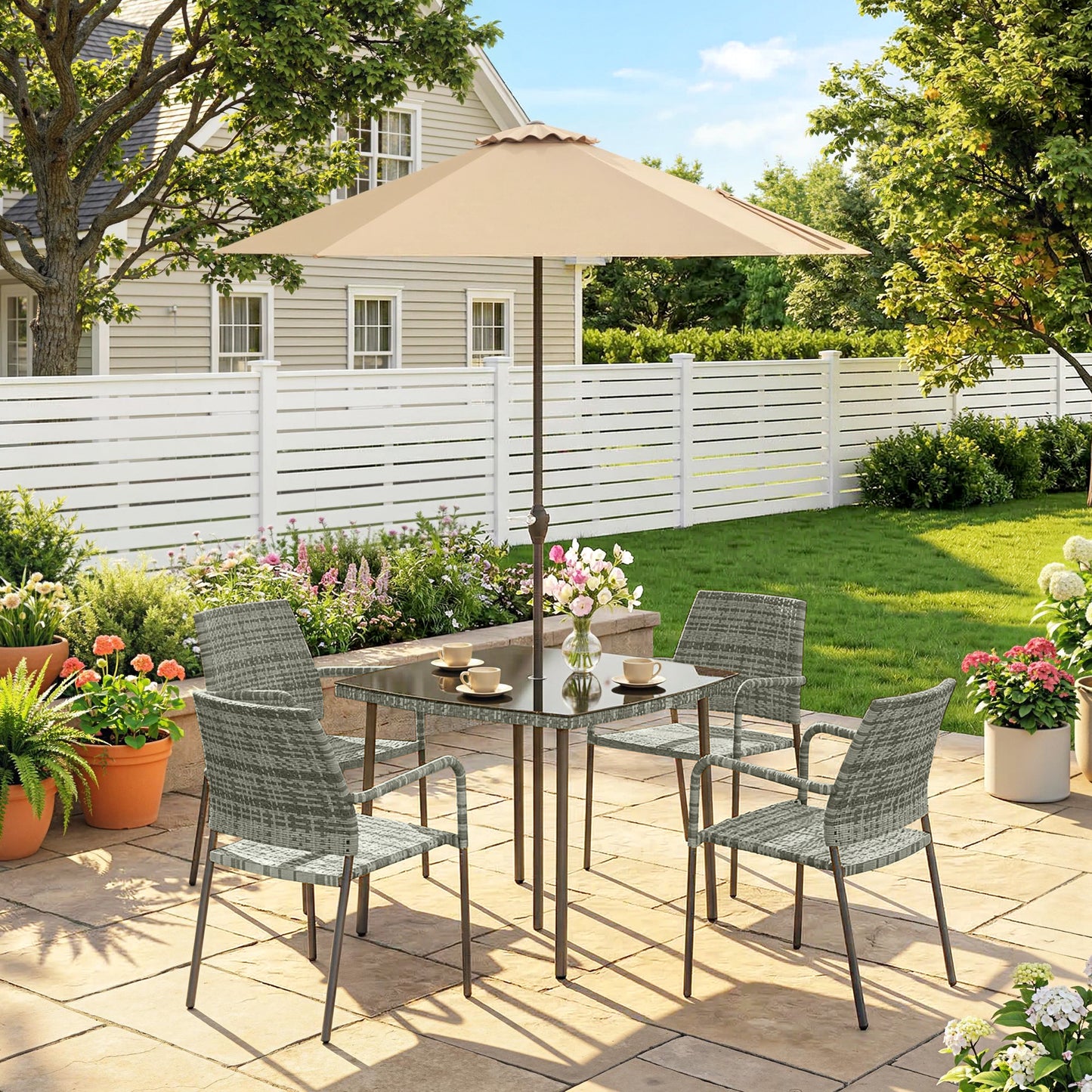 6-Piece Rattan Garden Dining Set with Parasol | 4 Stackable Chairs | Tempered Glass | Light Grey