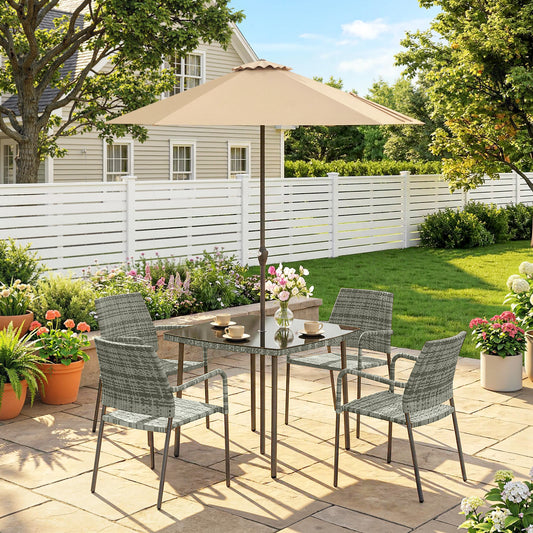 6-Piece Rattan Garden Dining Set with Parasol | 4 Stackable Chairs | Tempered Glass | Light Grey