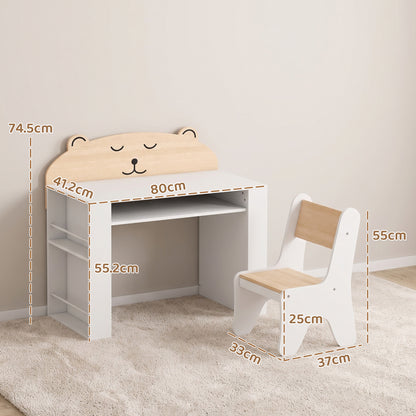 AIYAPLAY Kids Desk & Chair Set | White & Wood-Grain Bear Design | 80cm Tabletop, Side Bookshelves & Open Storage | Ages 3–8