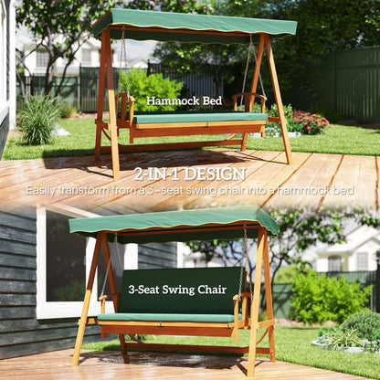 3 Seater 2-in-1 Wooden Garden Swing Seat Chair Bed Outdoor Convertible Hammock Bench Furniture Lounger
