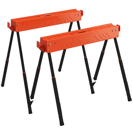 Folding Sawhorses Twin Pack | Height Adjustable 71–85.5cm | 500kg Capacity | 2x4 Bracket | Orange