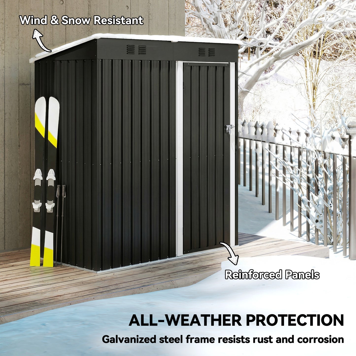 Compact Lean-To Galvanised Steel Garden Storage Shed | Lockable Door | Vent System | Sloped Roof | 20kg/㎡ Snow Load | 163x90x179cm | Patio & Flagstone | Dark Grey & White