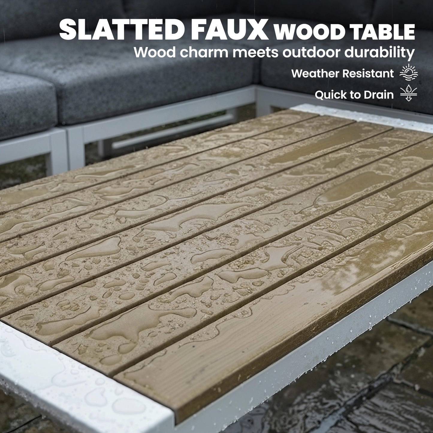 6-Seater Modular Garden Sofa Set | 3 Loveseats | Texteline Seating | Wood-Effect Slatted Coffee Table | Powder-Coated Metal Frame | 200gsm Cushions | 8cm Seat & 10cm Back | Washable Covers | 240kg | White