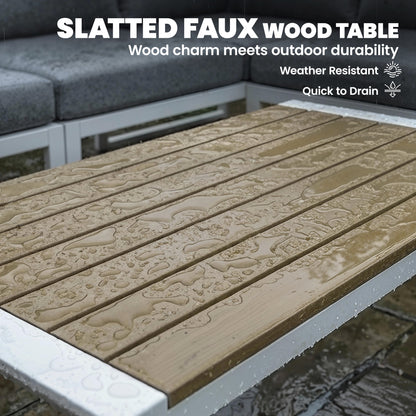 6-Seater Modular Garden Sofa Set | 3 Loveseats | Texteline Seating | Wood-Effect Slatted Coffee Table | Powder-Coated Metal Frame | 200gsm Cushions | 8cm Seat & 10cm Back | Washable Covers | 240kg | White