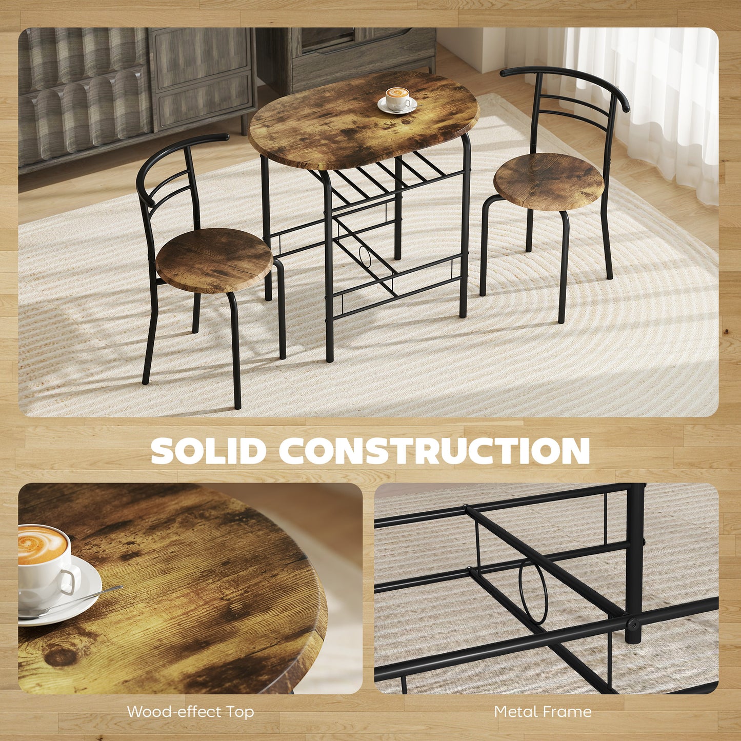 Three-Piece Compact Small Space Dining Set - Rustic Brown