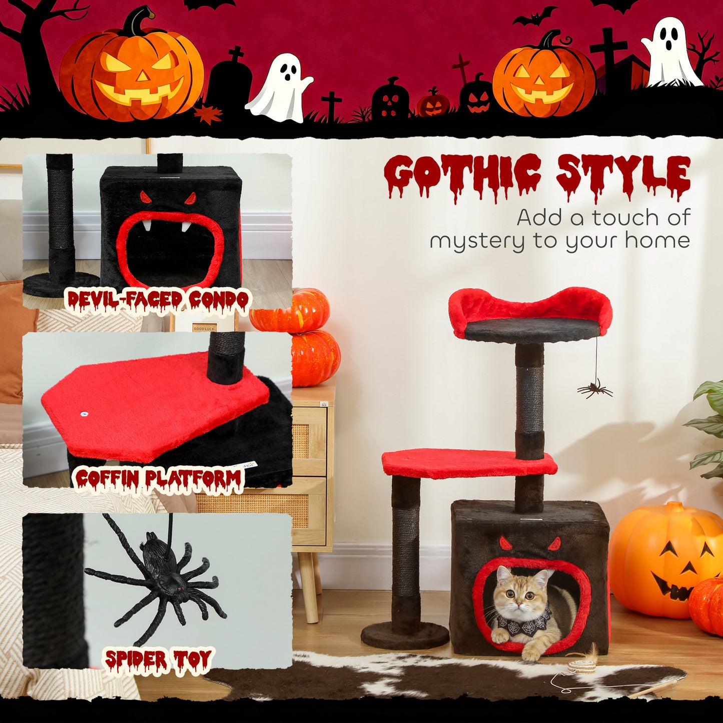 PawHut Cat Tree, Gothic Cat Tower with Scratching Posts, Cute Condo, Coffin Platform, Bed and Spider Toy, Halloween