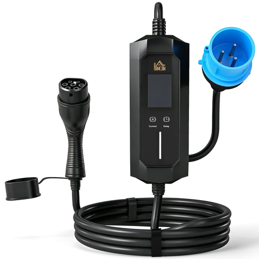 7kW Type 2 EV Charger | 10m IP65 TPU Cable | 6-32A Adjustable | LCD Display | 1-12h Delay Timer | ST MCU Chip | 2.8kW UK Plug Adapter | CE RoHS | -30°C to +50°C | Black
