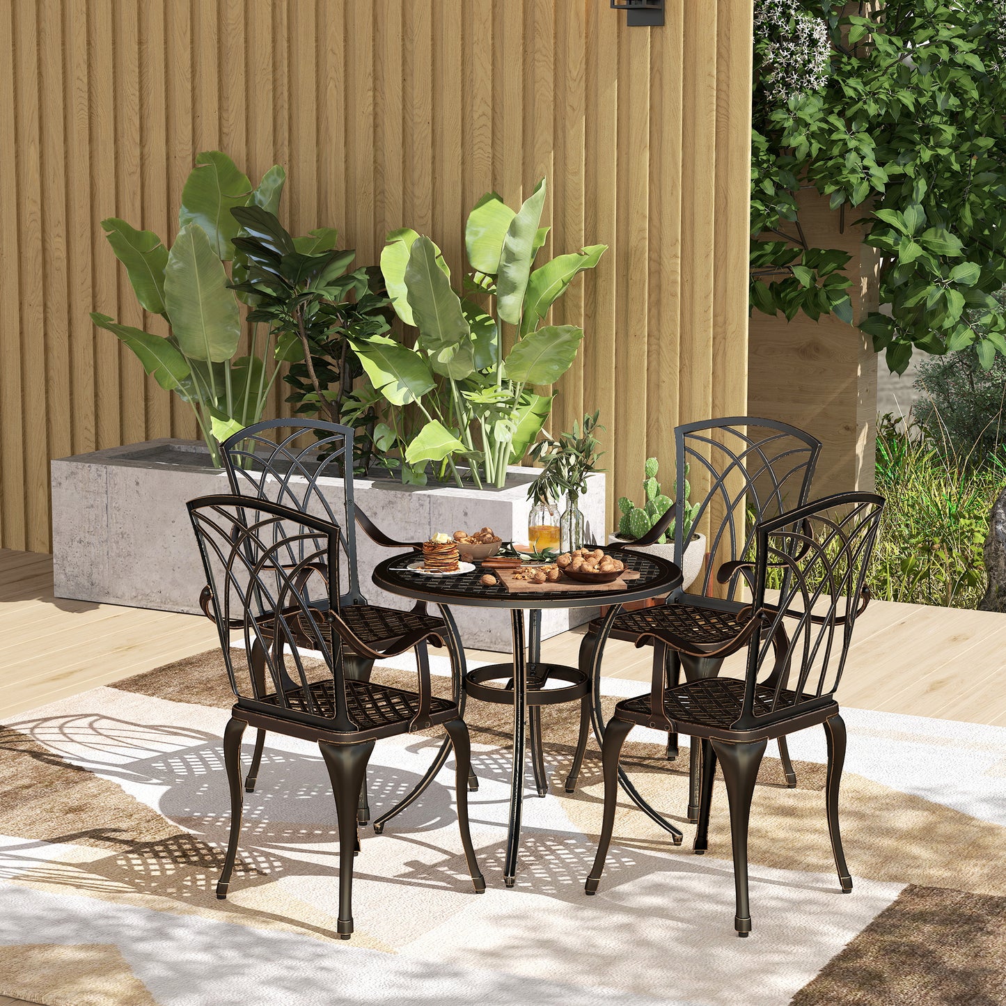5 Piece Cast Aluminium Garden Dining Set | 4 Armchairs | Round Table Dia 85cm | 50mm Parasol Hole | Adjustable Feet | 160kg | Bronze Tone