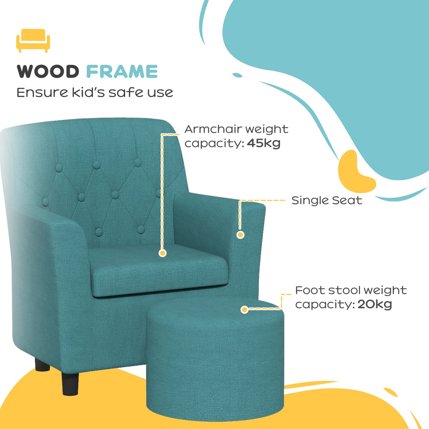 AIYAPLAY 2 Piece Kids Sofa Set with Footrest, for Playroom, Bedroom, Blue