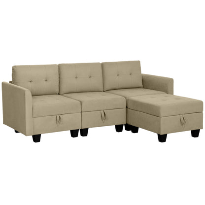 Convertible Modular Sectional Sofa with Storage, 3 Seater Sofa Set, L Shaped Sofa Couch with Ottoman, Wood Frame for Living Room, Light Brown
